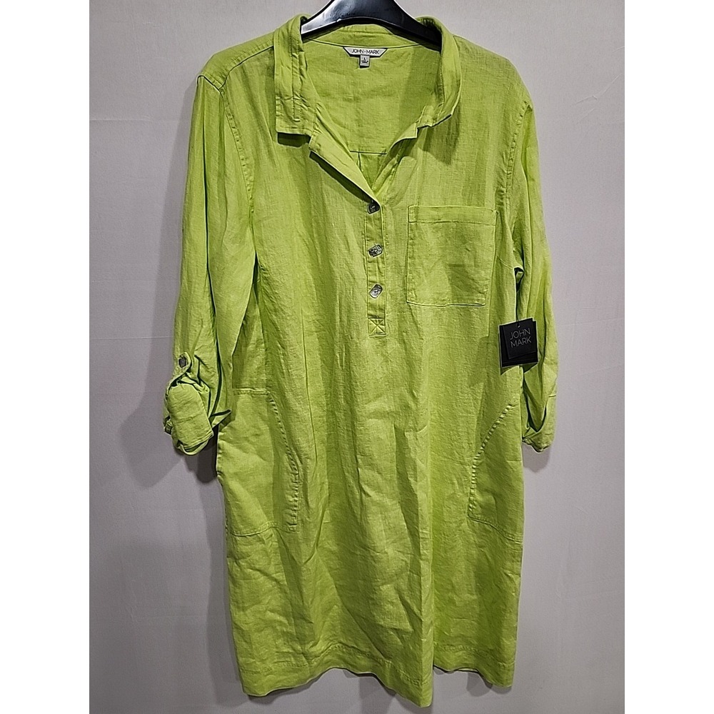 John Mark NWT Linen Shirt Dress Womens‎ L Lime Green 100% Linen Cuffed Sleeves